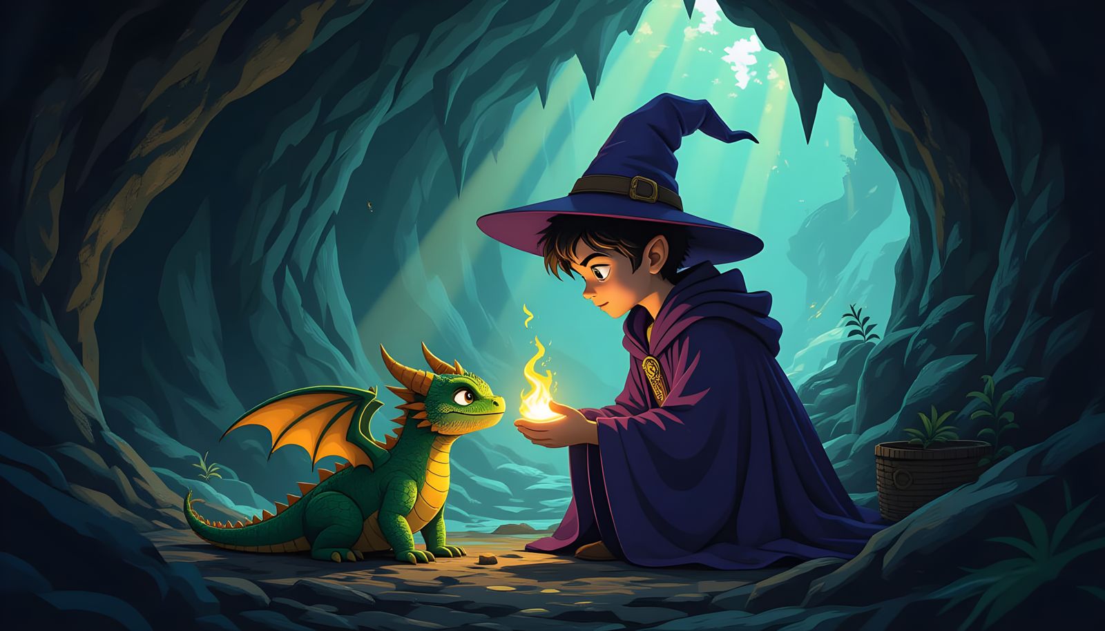 Young Wizard Feeds Dragon in Dark Fantasy Cave