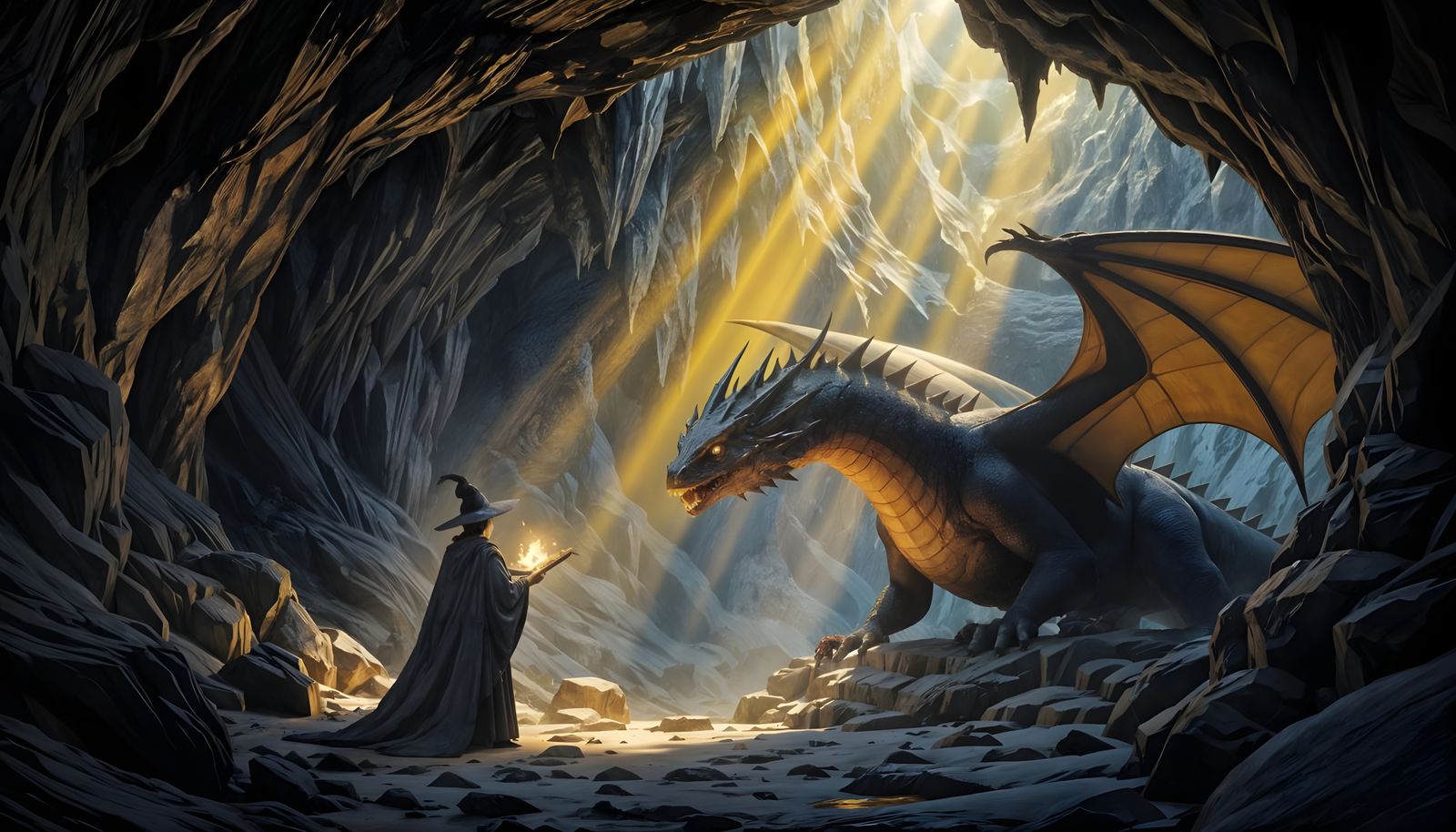 Wizard Confronts Dragon in Dark Fantasy Cave