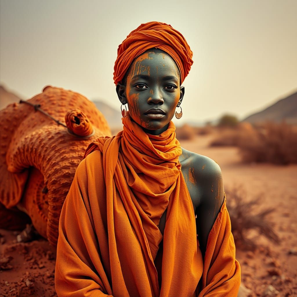 African Mud Woman in Pop Art Desert Landscape