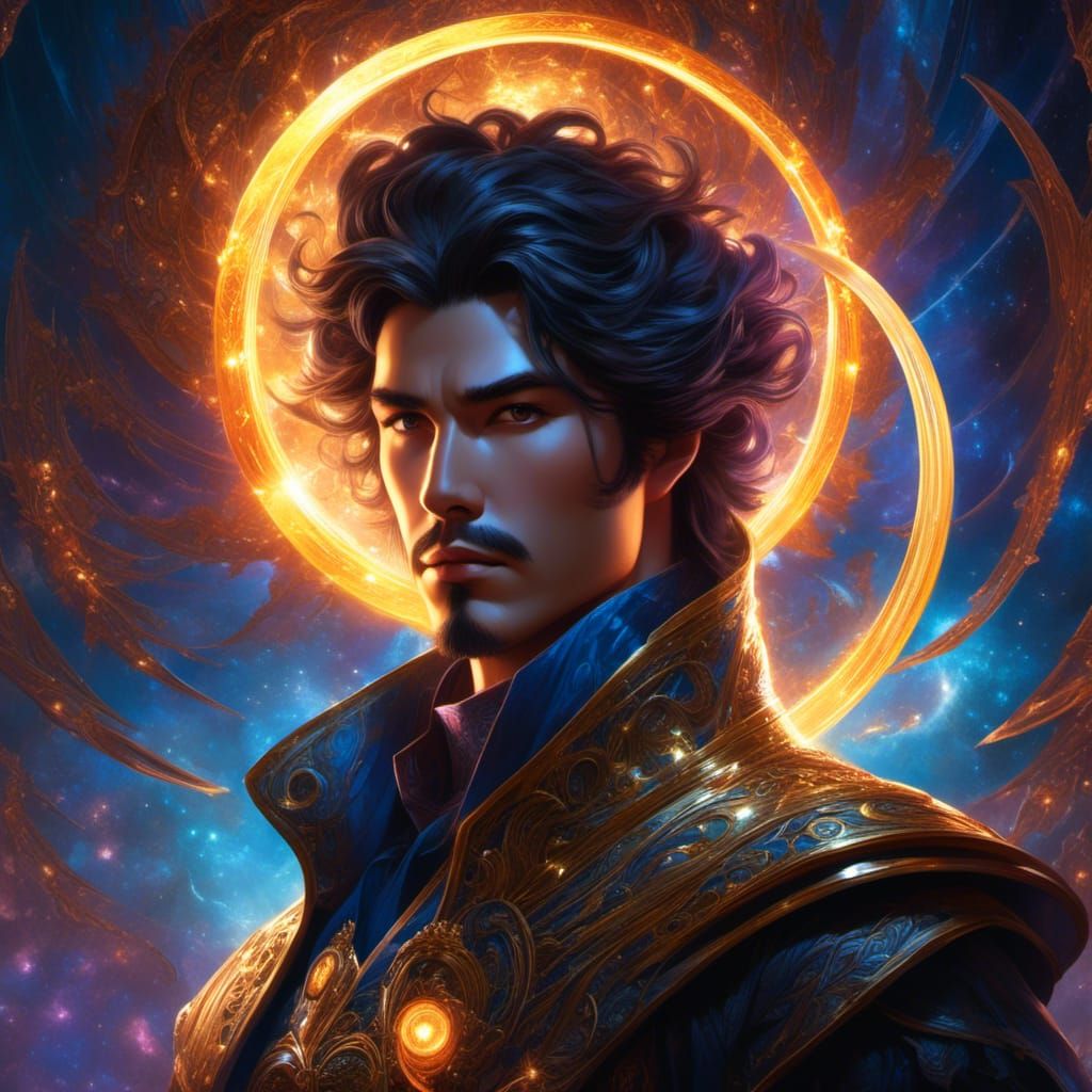 Sorcerer with Fire Sphere in Optical Illusion Style