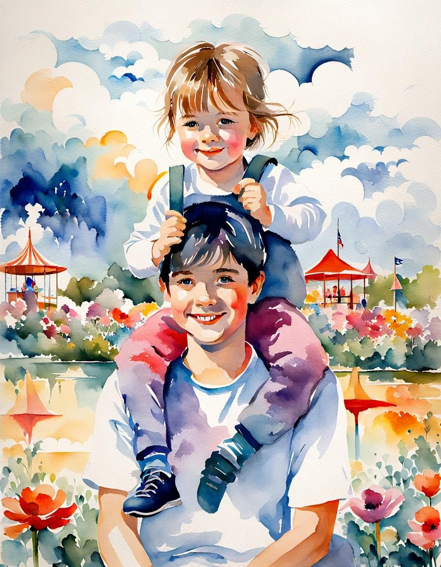 Happy Siblings in a Watercolor Fantasy