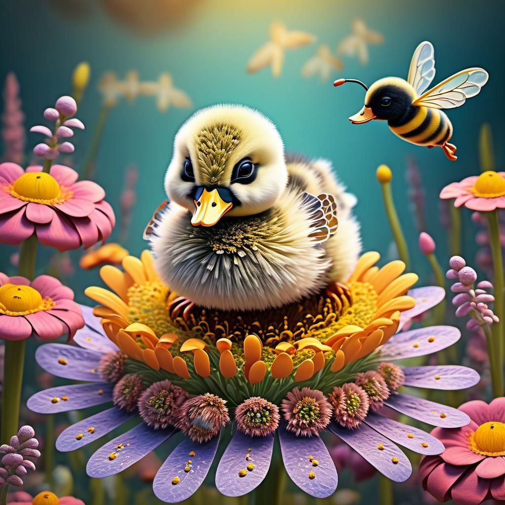 tiny fuzzy duck and bee hybrid landing on ornate flowers, surreal, bunny, furry, surrealism, beautiful creature, hybrid ...
