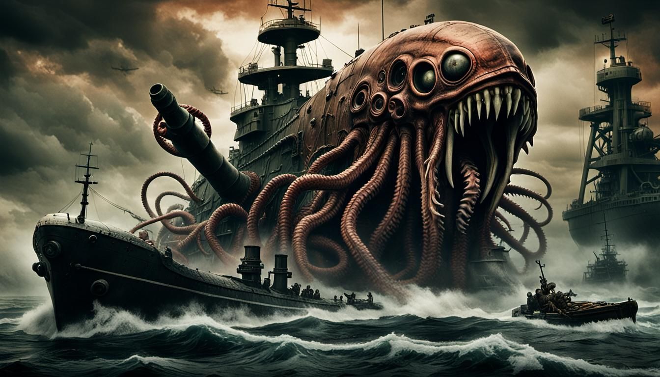 Kraken Attacks U-Boat: HR Giger-Inspired Cinematic Scene
