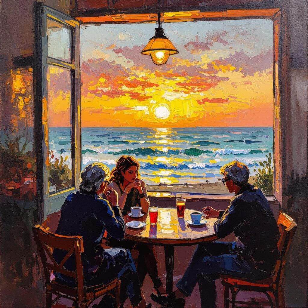 Seaside Café at Sunset in Neo-Impressionistic Style