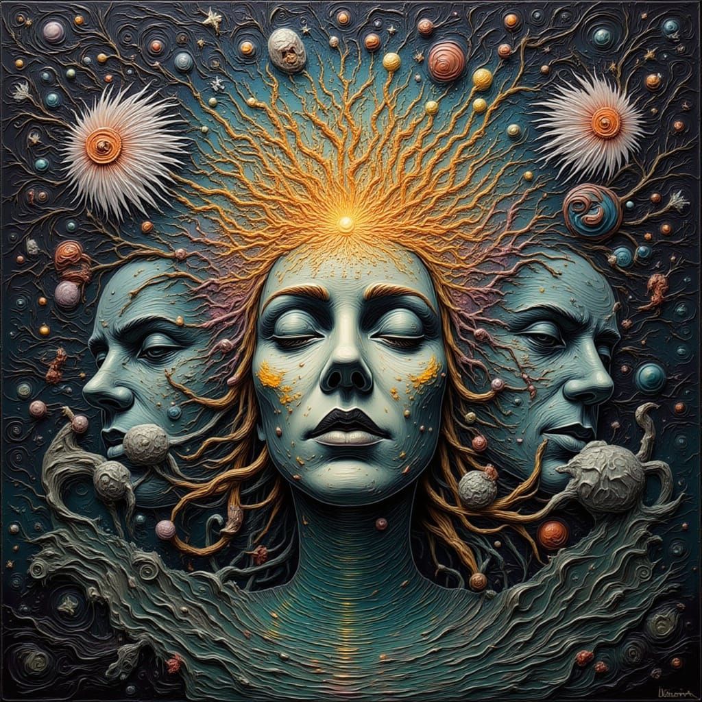 Mindscape of Emotions: Contemplative Face Amidst Swirling Fe...