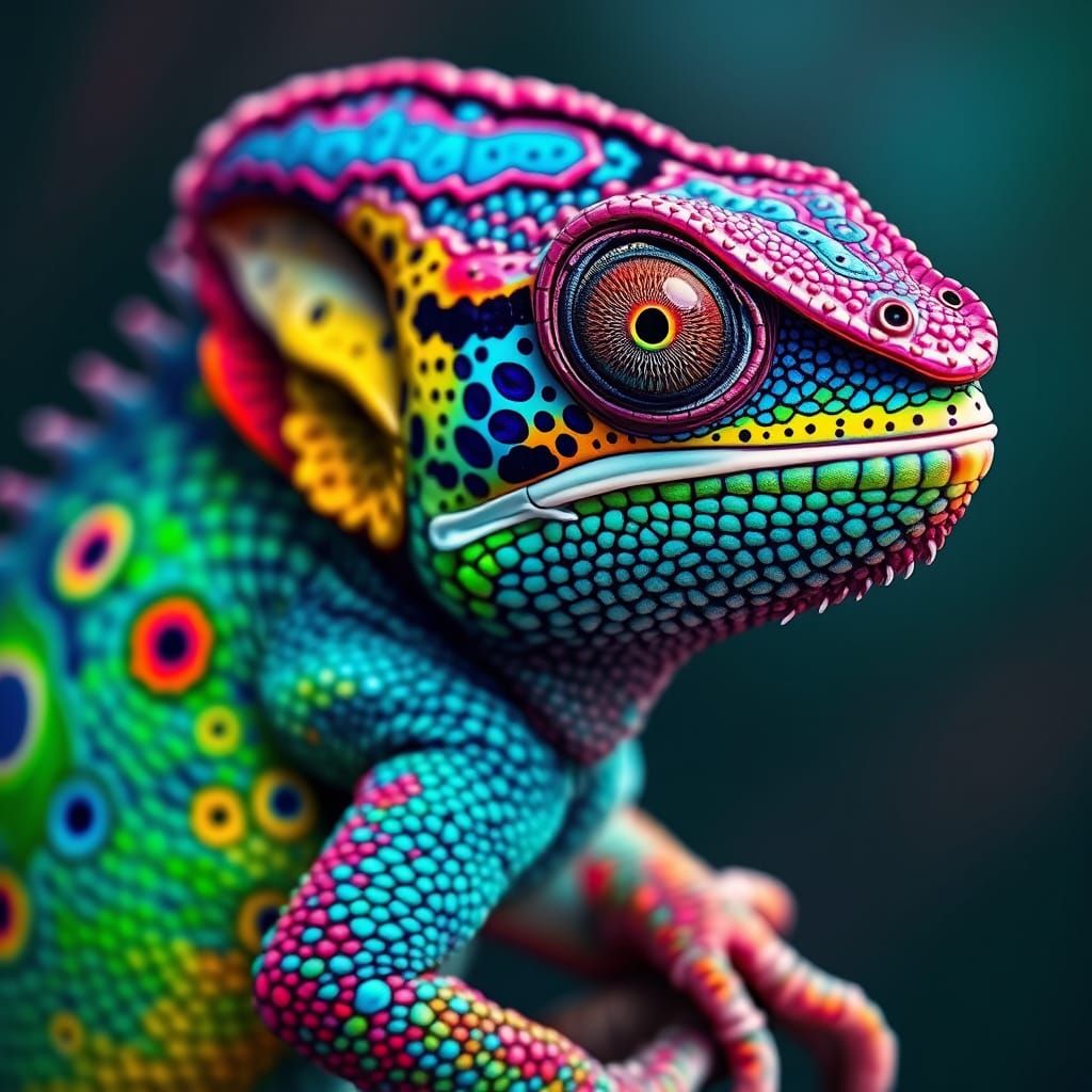 Iridescent Chameleon Adorned with Peacock Feathers