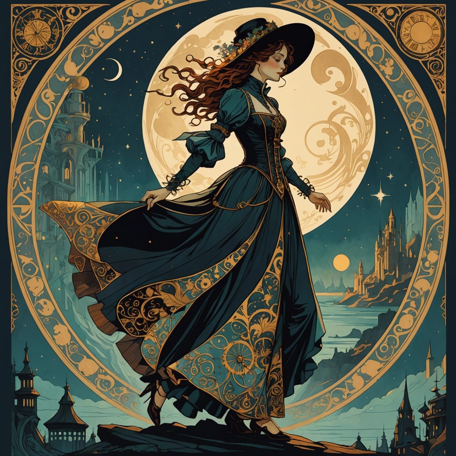 Steampunk Witch Storybook Illustration in Psychedelic Art St...