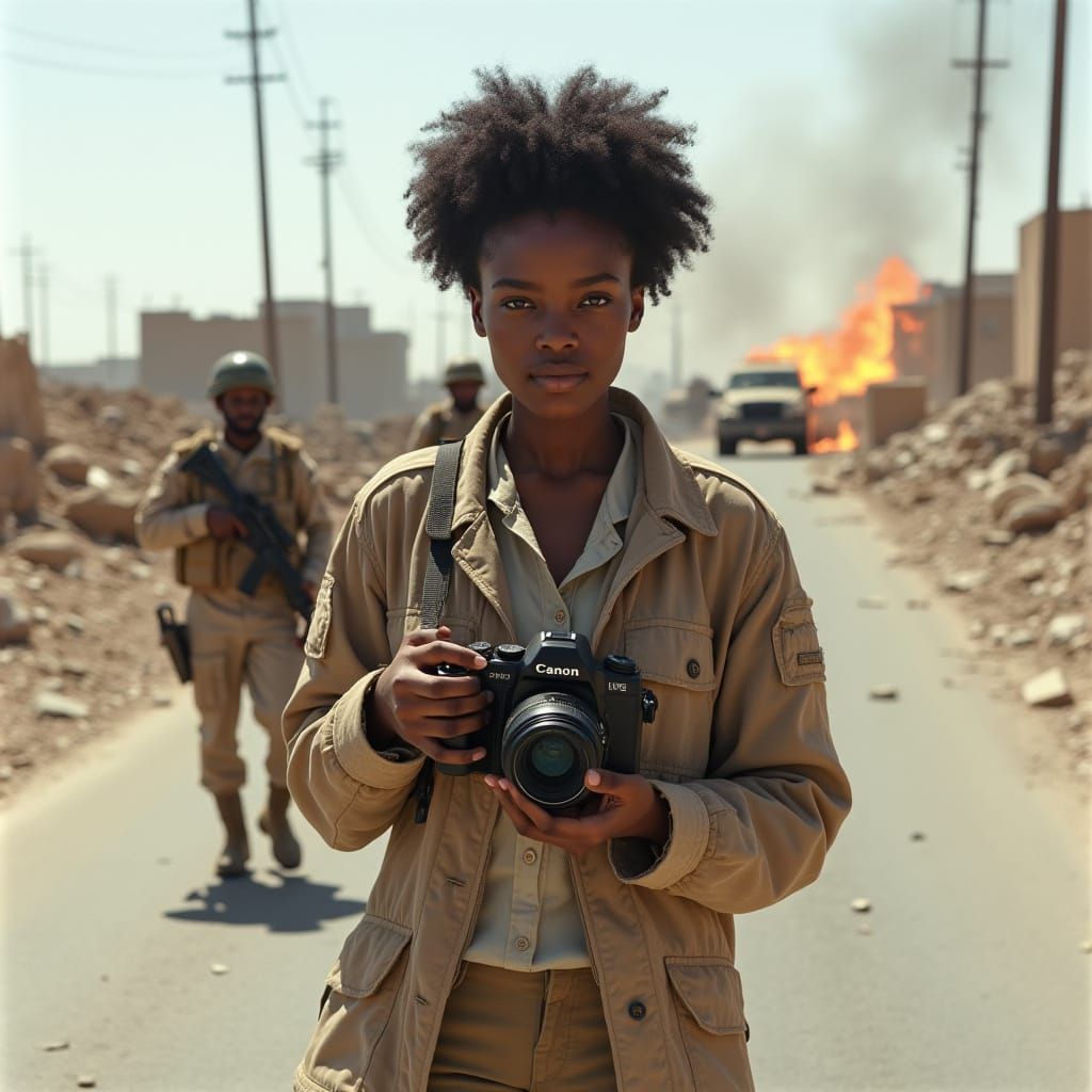 African American Woman Photographer in Desert Street Scene