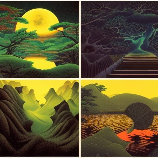 Surreal Japanese Landscape at Night, Holographic Art
