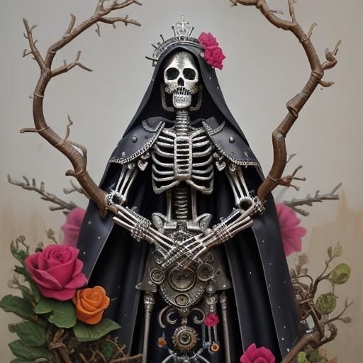Silver Guadalupe Skeleton with Steampunk Elements