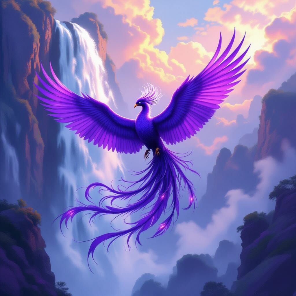 Purple Phoenix Flying by Waterfall in Dreamlike Style