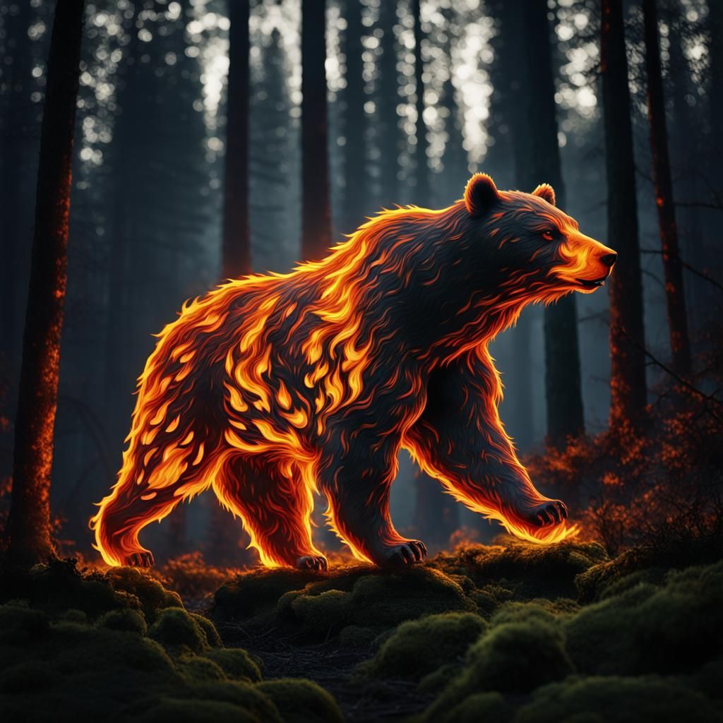 Flaming Bear Silhouette in Dark Forest