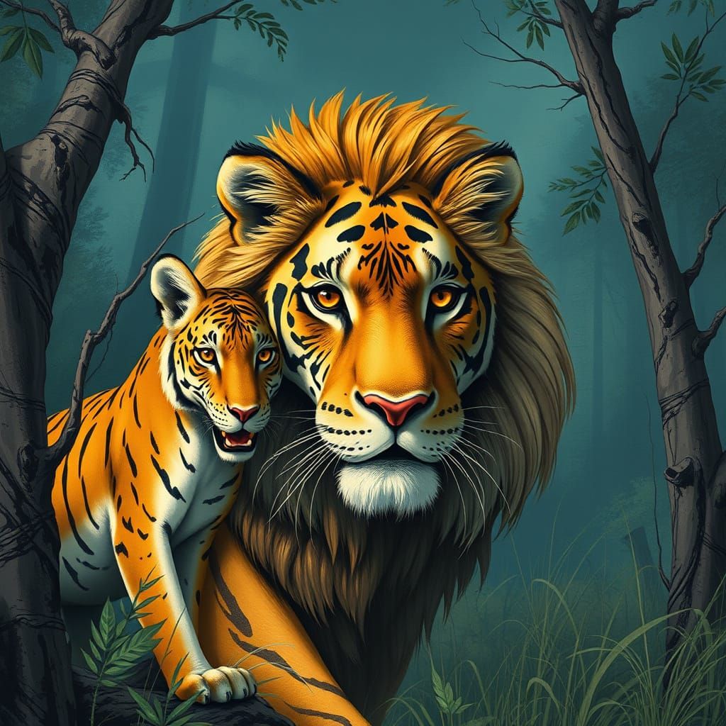 Lion-Tiger-Lynx Hybrid in Wild Environment