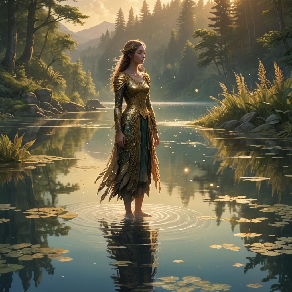 Lone Figure Floating on Lake in Art Nouveau Style
