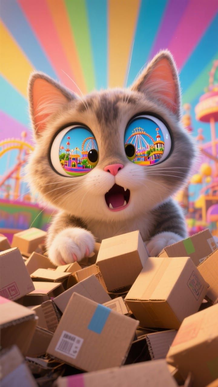 A cat , Cardboards and amusement park