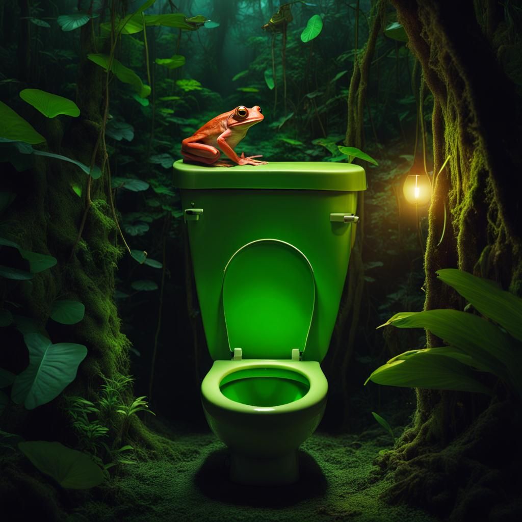Magical Toilet Surrounded by Tree Frogs in Jungle