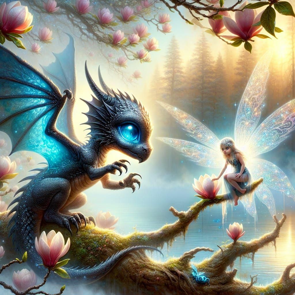 Chibi Dragon Stalking Fairy: Dreamy Oil Painting