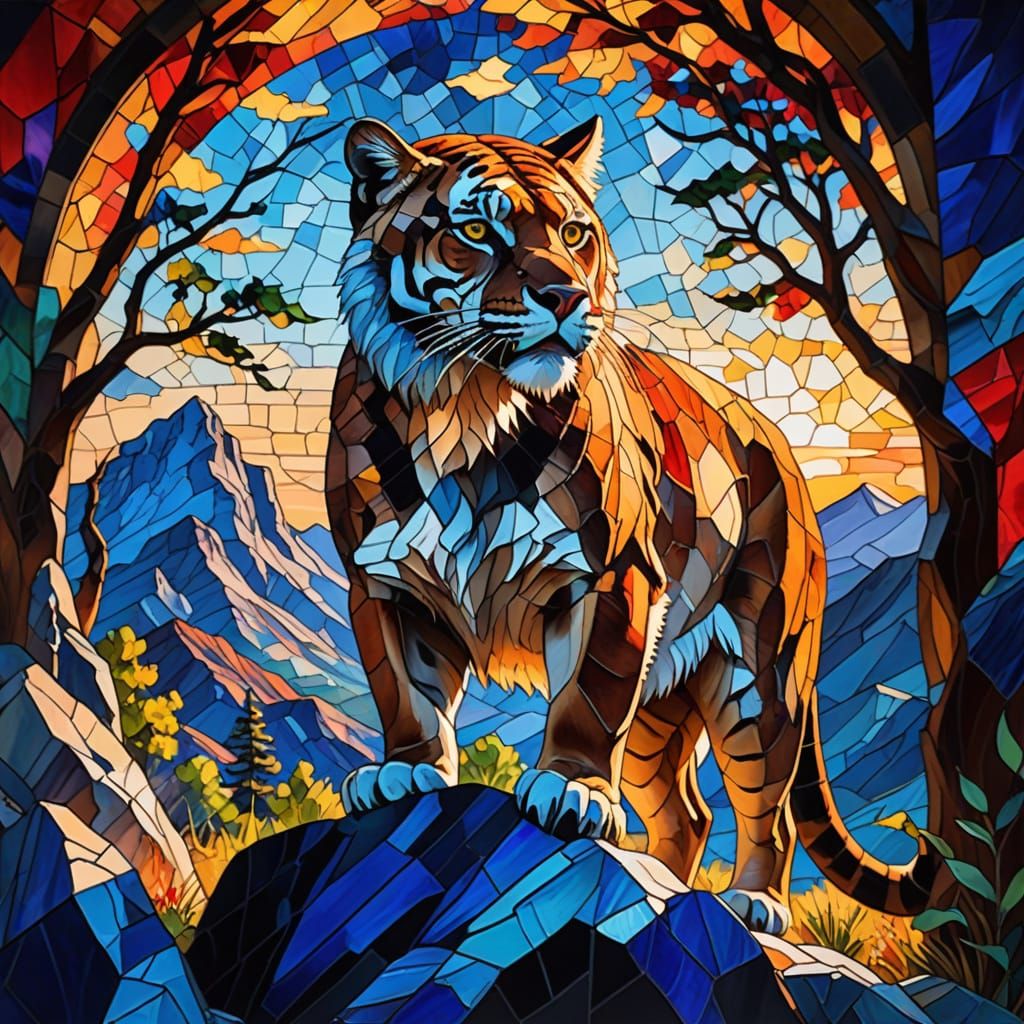 Fauvist Stained Glass Masterpiece: Saber-Toothed Cat in Hunt...