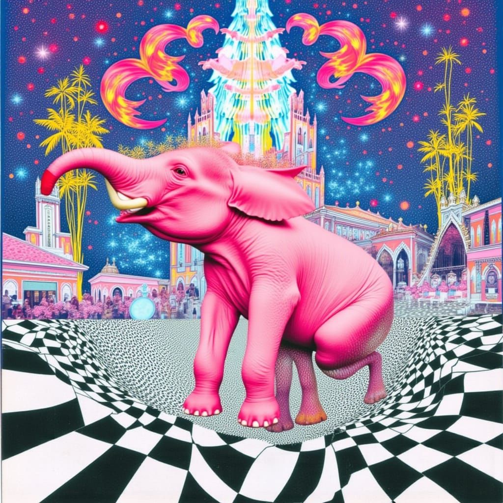 Pink Elephant in Cosmic Architectural Dreamscape