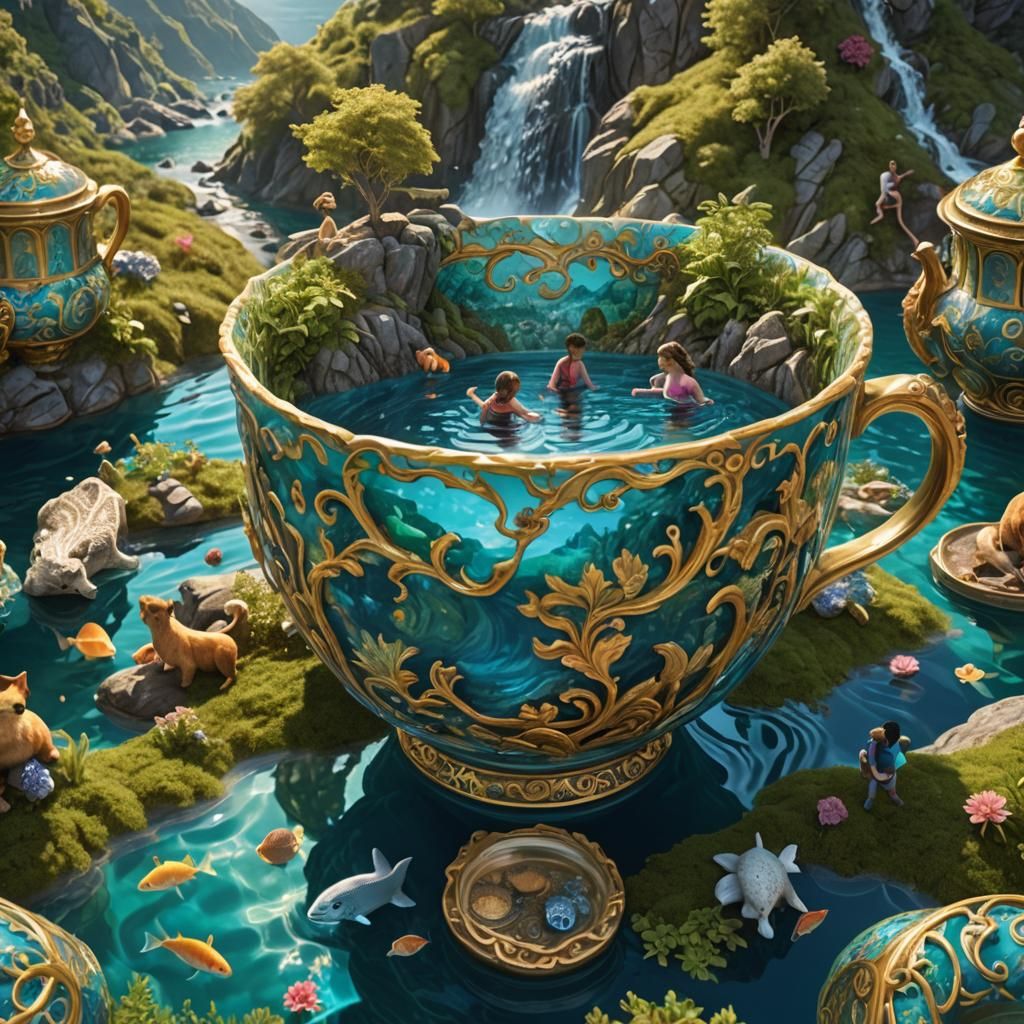 Mountain Teacup Scene with People and Animals