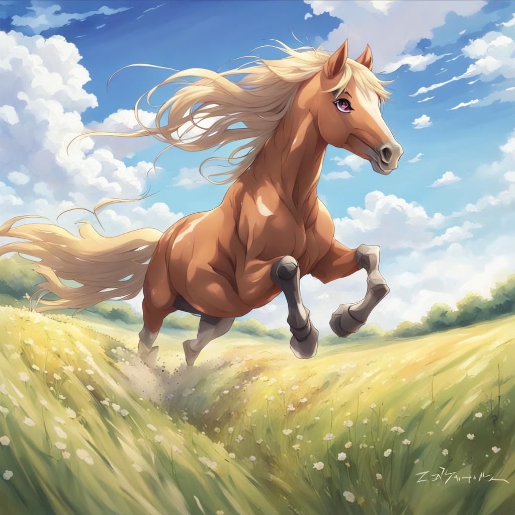 Cute Horse Galloping Through Fields in Anime Style