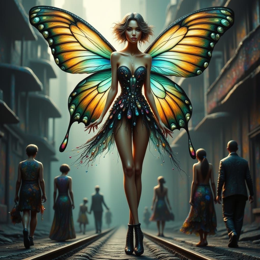 Ethereal Fairy Hovers Above City in Vibrant Fluid Art Style