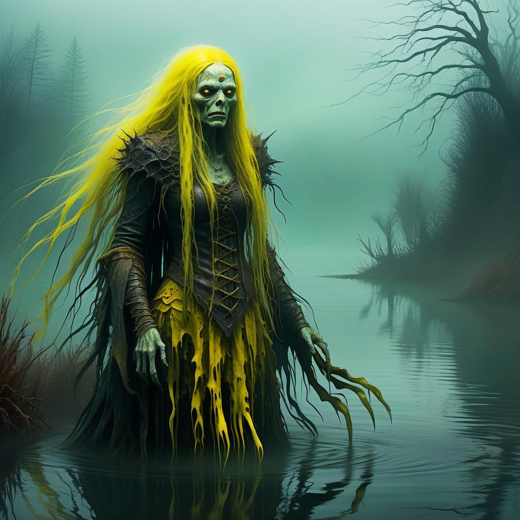 Sea Hag on Foggy Lake, Dark Fantasy Digital Art