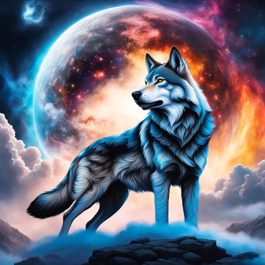 Gray Wolf and Demon Wolf Above Galaxy
