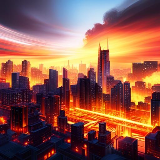 Burning City Skyline in Anime Art Style