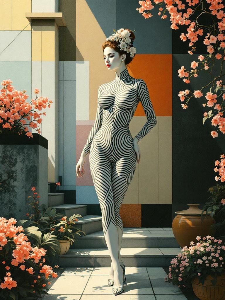 Surreal Geometric Fusion in Retro Garden Scene