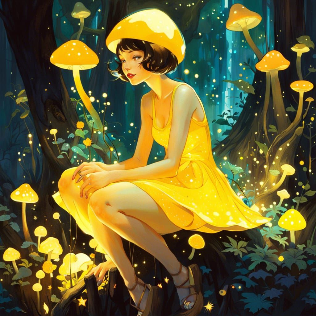 Fairy on Bioluminescent Mushroom in Fantasy Forest