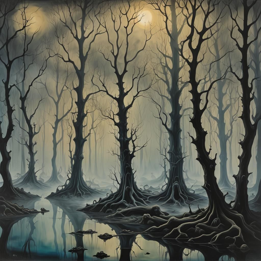 Surreal Haunted Forest at Night, Oil on Canvas