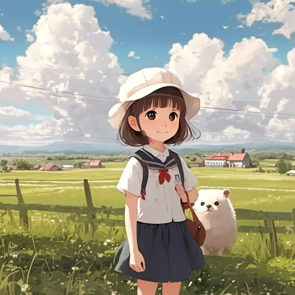 Cute Cartoon Little Girl in Countryside Backlight