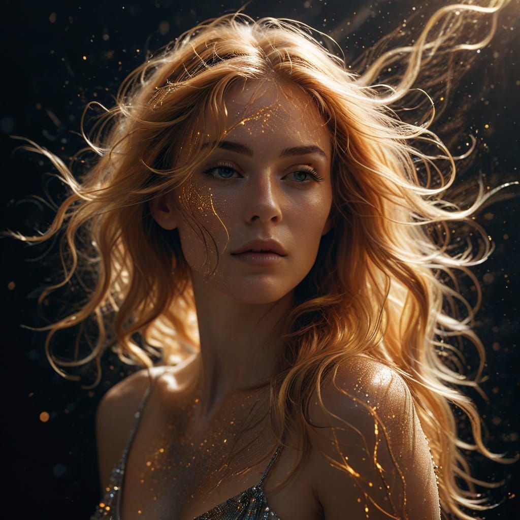 Golden Goddess Profile Portrait in Cosmic Light