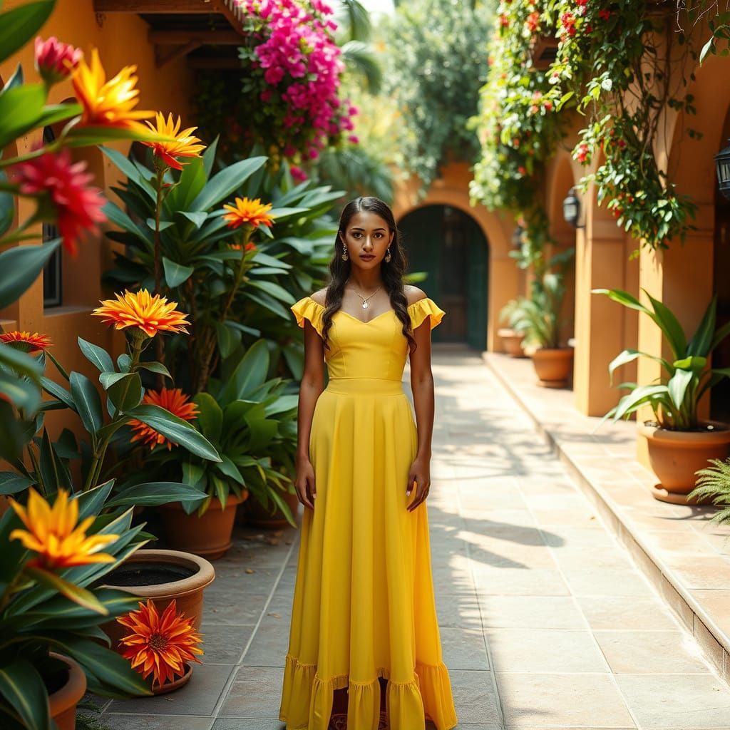 Mirabel Madrigal in Lush Courtyard: Live-Action Style