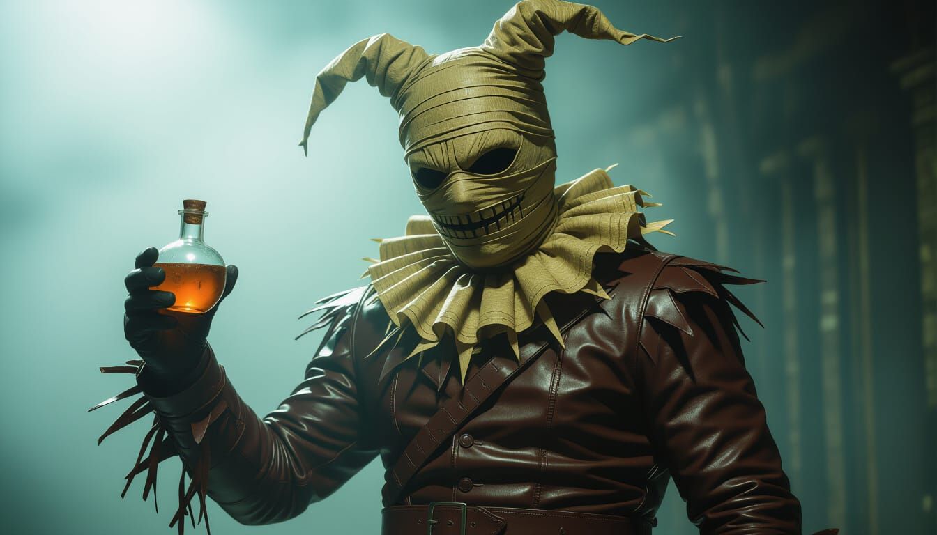 Scarecrow Batman Character in Leather Outfit with Potion