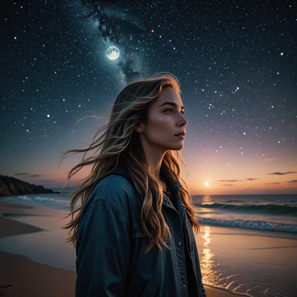 Ethereal Woman Walks on Moonlit Beach at Night