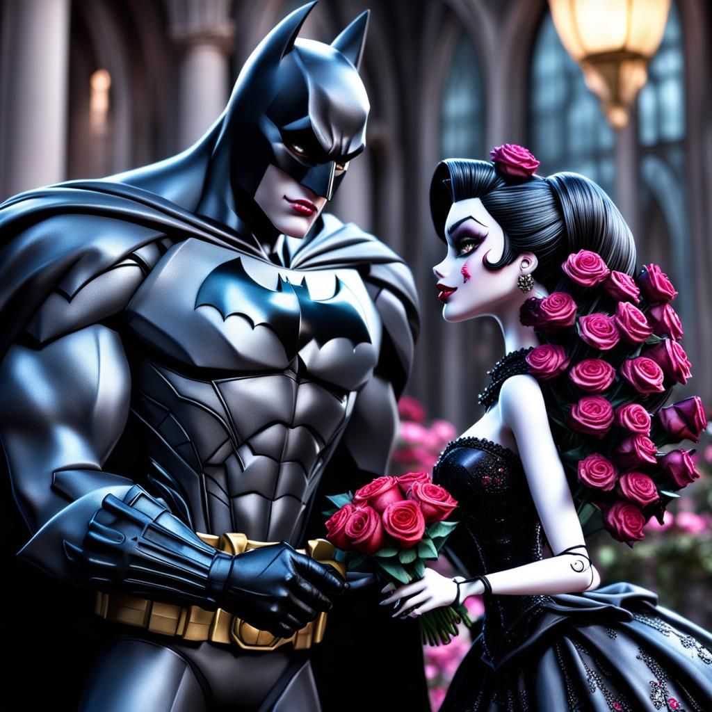 batman giving monster high draculaura a bouquet of roses