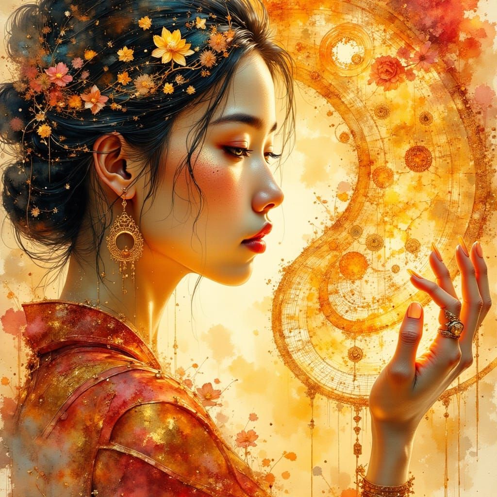spirographing, in the style of feminine portraiture, dark orange and light gold..