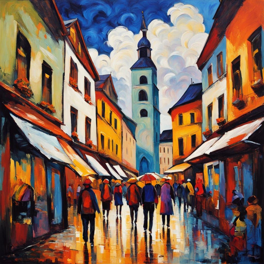 Vibrant Villach Street Scene in Neo-Impressionist Style