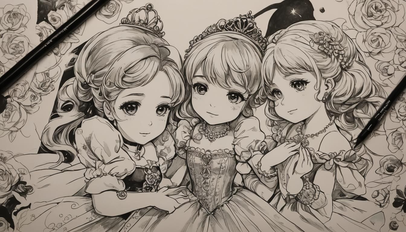 Anime Style Ink Drawing: Baby Cinderella Princess