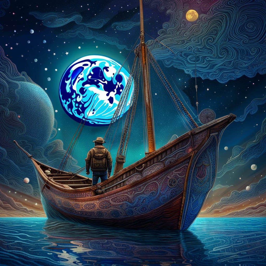 Fisherman in Space: Holographic Astral Cosmic Illustration