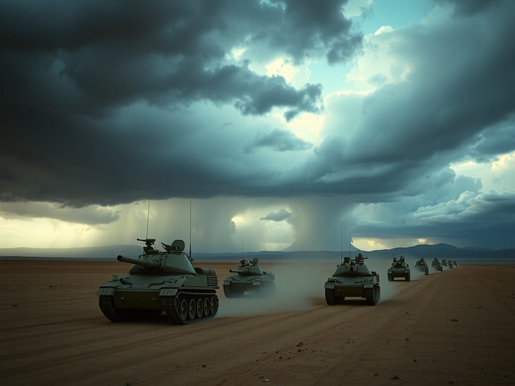 US Military Tanks Convoy in Desert Storm
