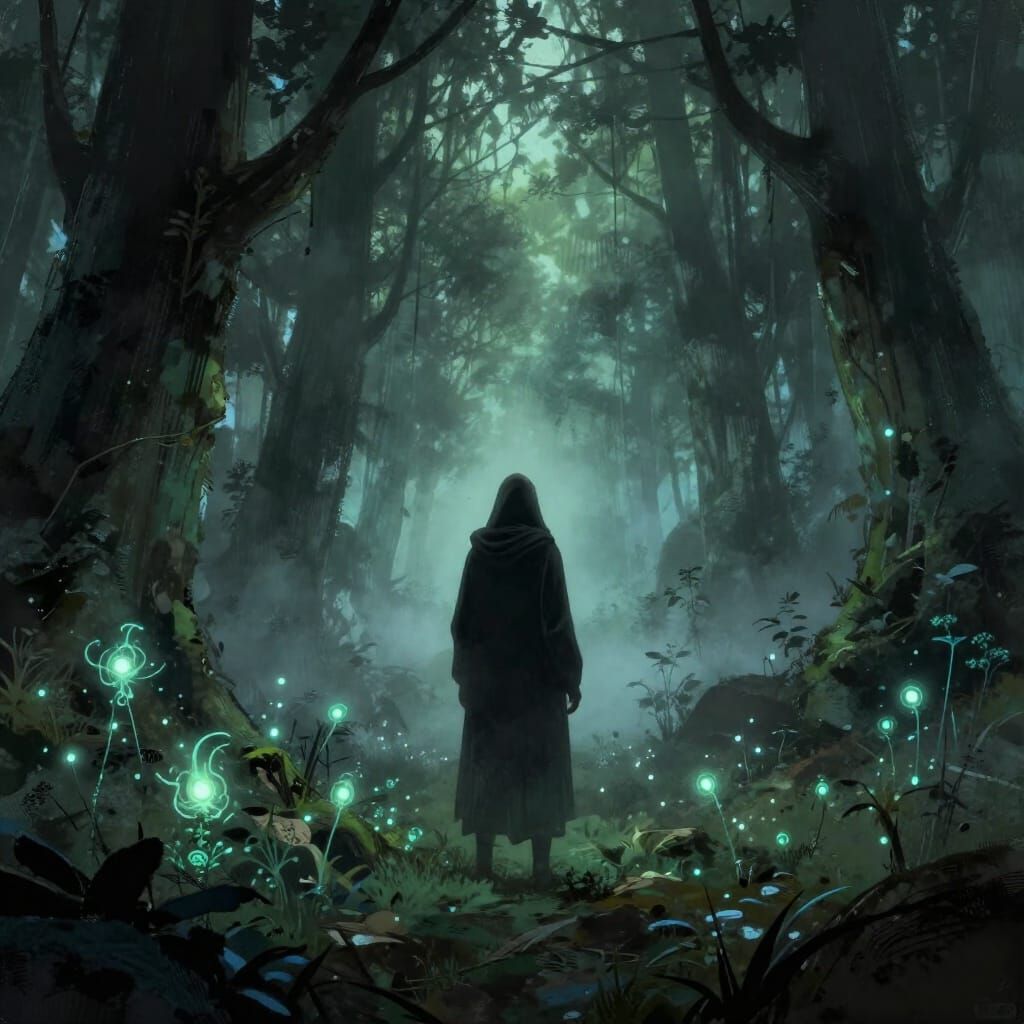 Hooded Figure in Bioluminescent Forest