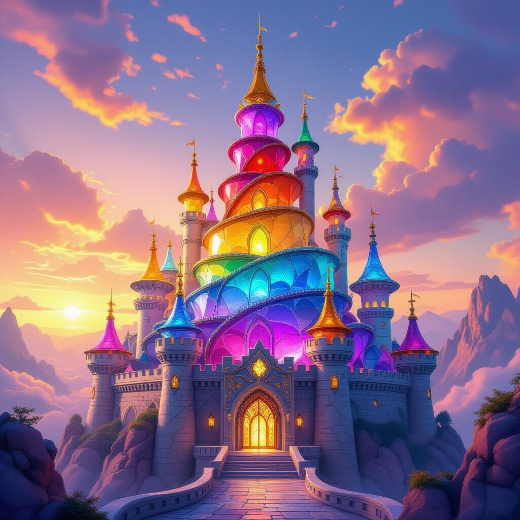 Gemstone Chakra Castle in Mystical Dawn Sky