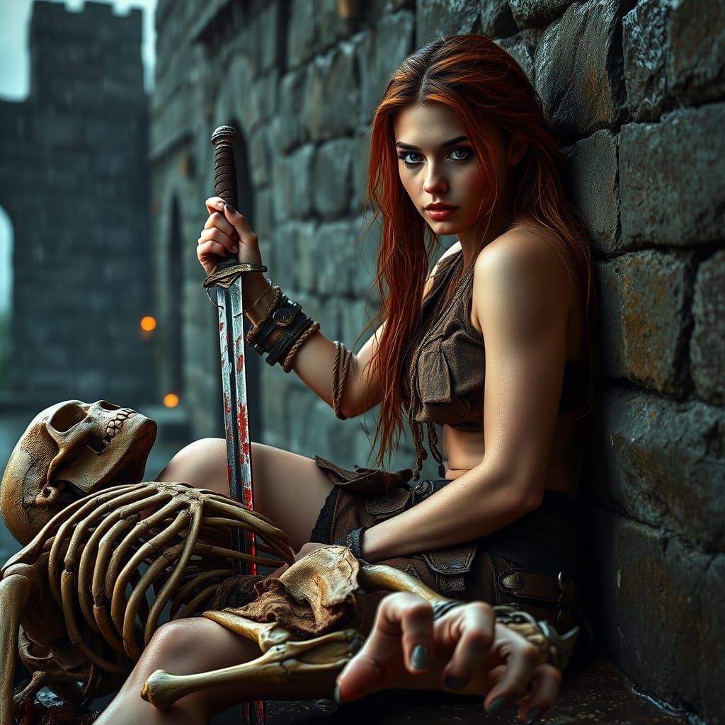 Victorious Warrior Woman in Castle Ruins