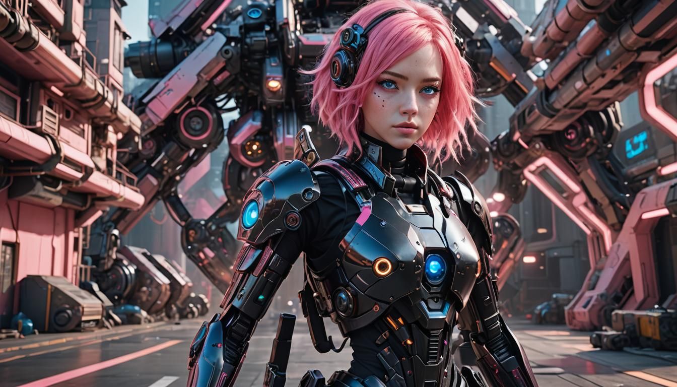 Sci-Fi Woman with Pink Hair in Futuristic Scene