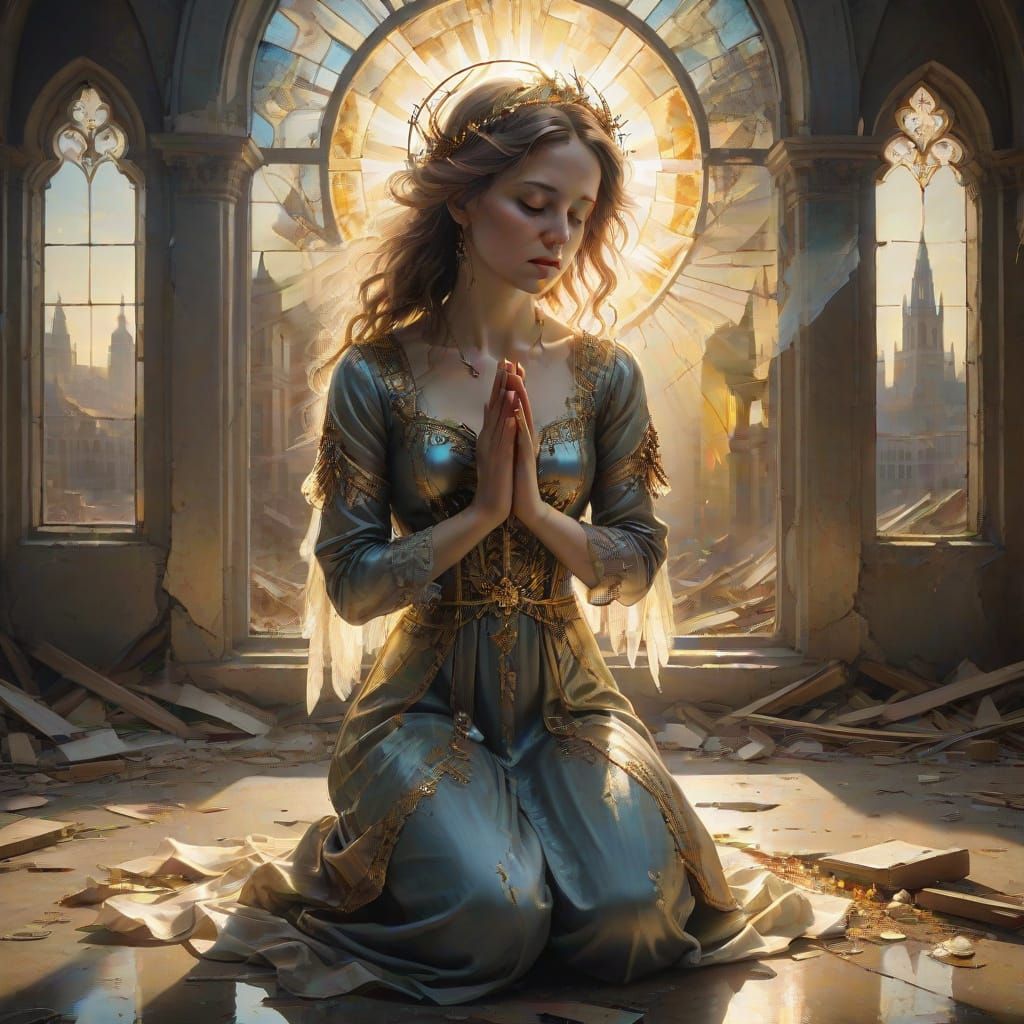 Surrealist Baroque Mary in Desolate Cityscape