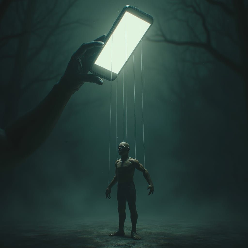 A Giant Smartphone Controls a Marionette-Like Man in Dark, M...