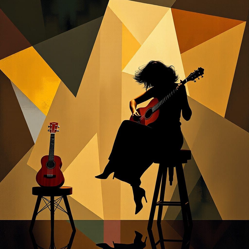 Silhouetted Woman Plays Guitar and Ukulele in Geometric Cubi...